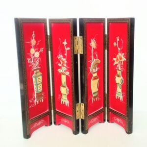 Asian Laquer Ware Stone Inlaid Table Top Folding Screen
